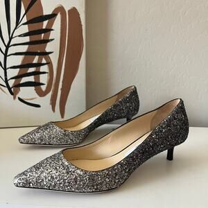 Jimmy Choo Romy Silver Glitter Pointed Toe Slip On‎ Kitten Heel Pumps Size 37